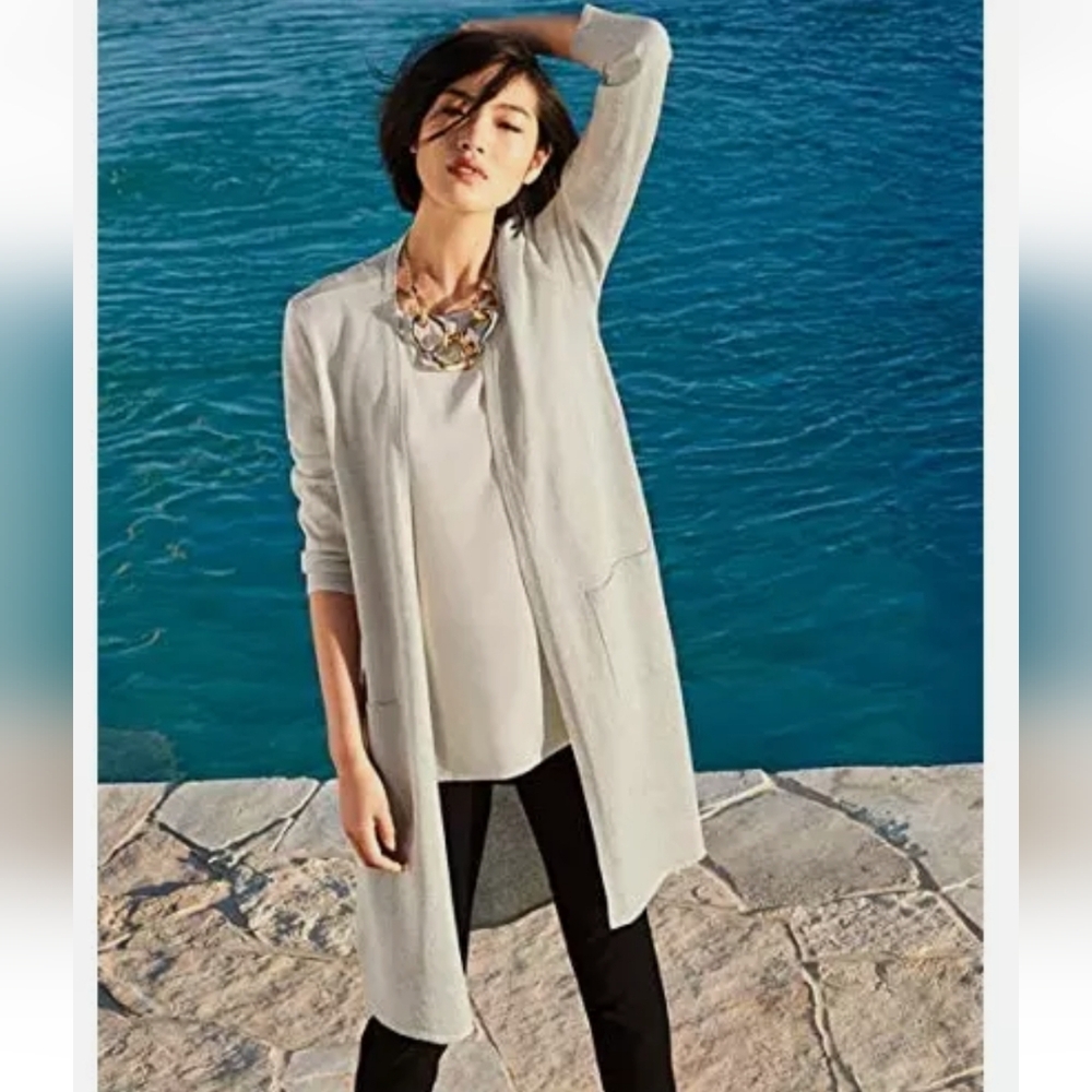 Eileen Fisher Fine Organic Linen Crepe Sparkle Long Sleeve Cardigan Size Small